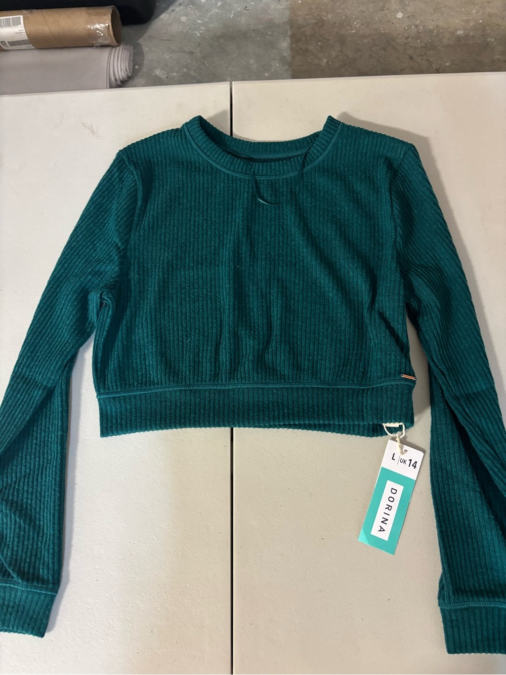 Teal Ribbed Long-Sleeve Crop Top